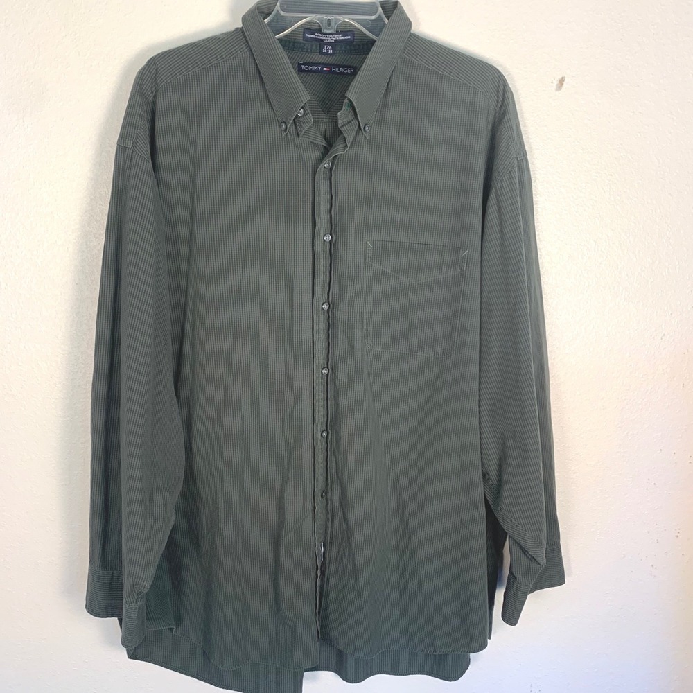Tommy Hilfiger Mens 17.5 34-35 Green Check Button Down Shirt Long Sleeve Cotton‎